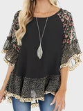 Full Size Frill Printed Round Neck Half Sleeve Blouse