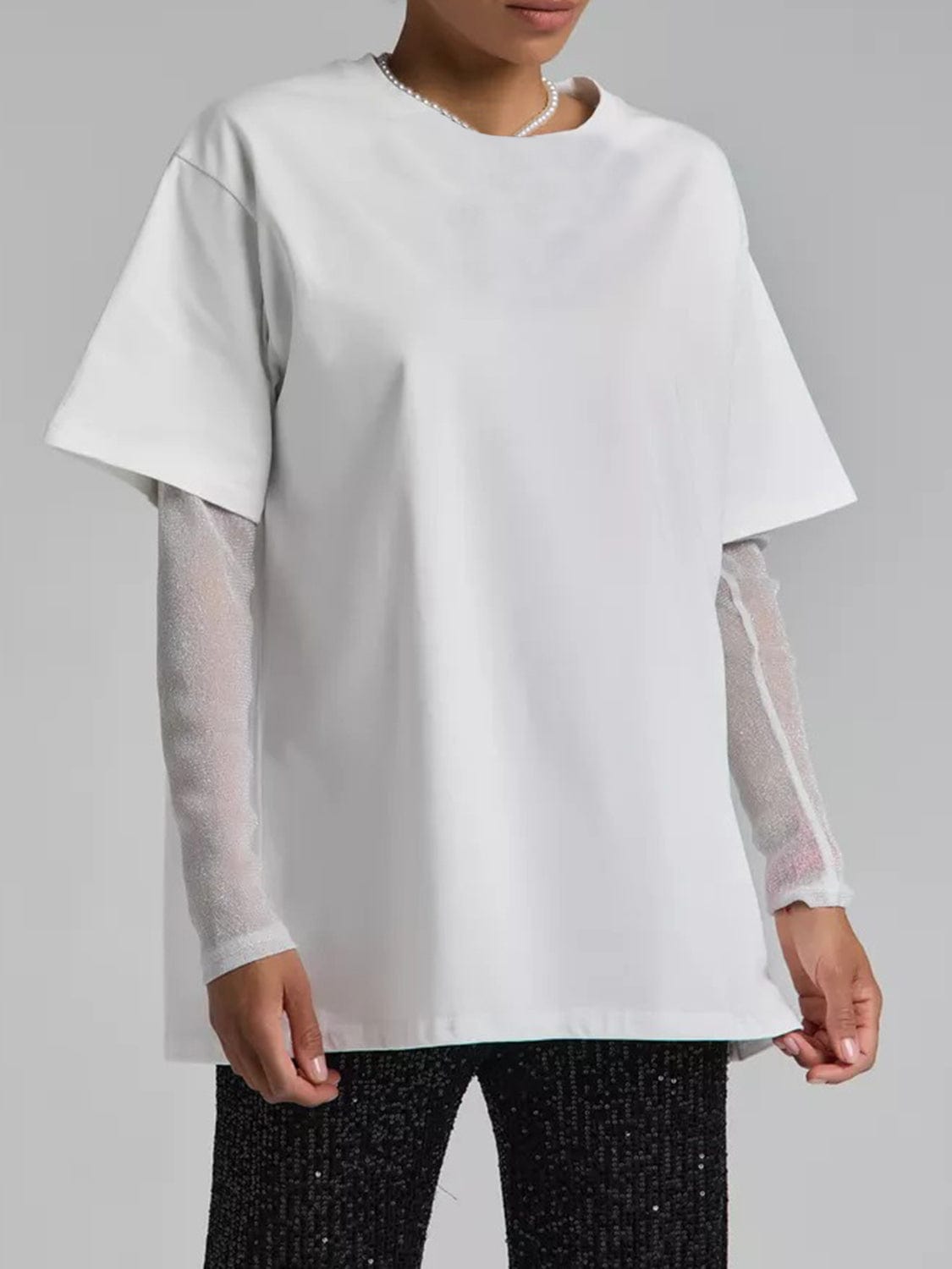 Faux Layered Round Neck Mesh Sleeve Top - Trendsi