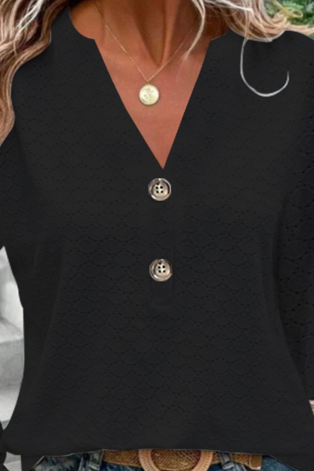 Eyelet Notched Long Sleeve T-Shirt - Flyclothing LLC