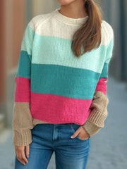 Color Block Round Neck Long Sleeve Sweater - Trendsi