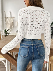 Openwork Collared Neck Long Sleeve Knit Top