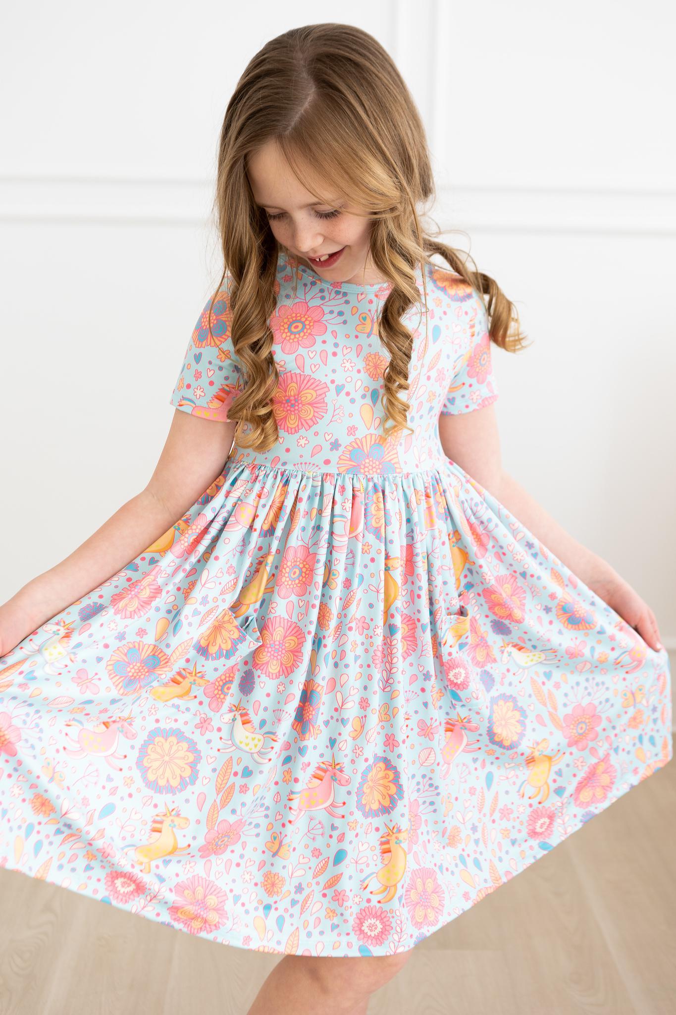 Blue Retro Unicorns S/S Pocket Twirl Dress - Mila & Rose ®