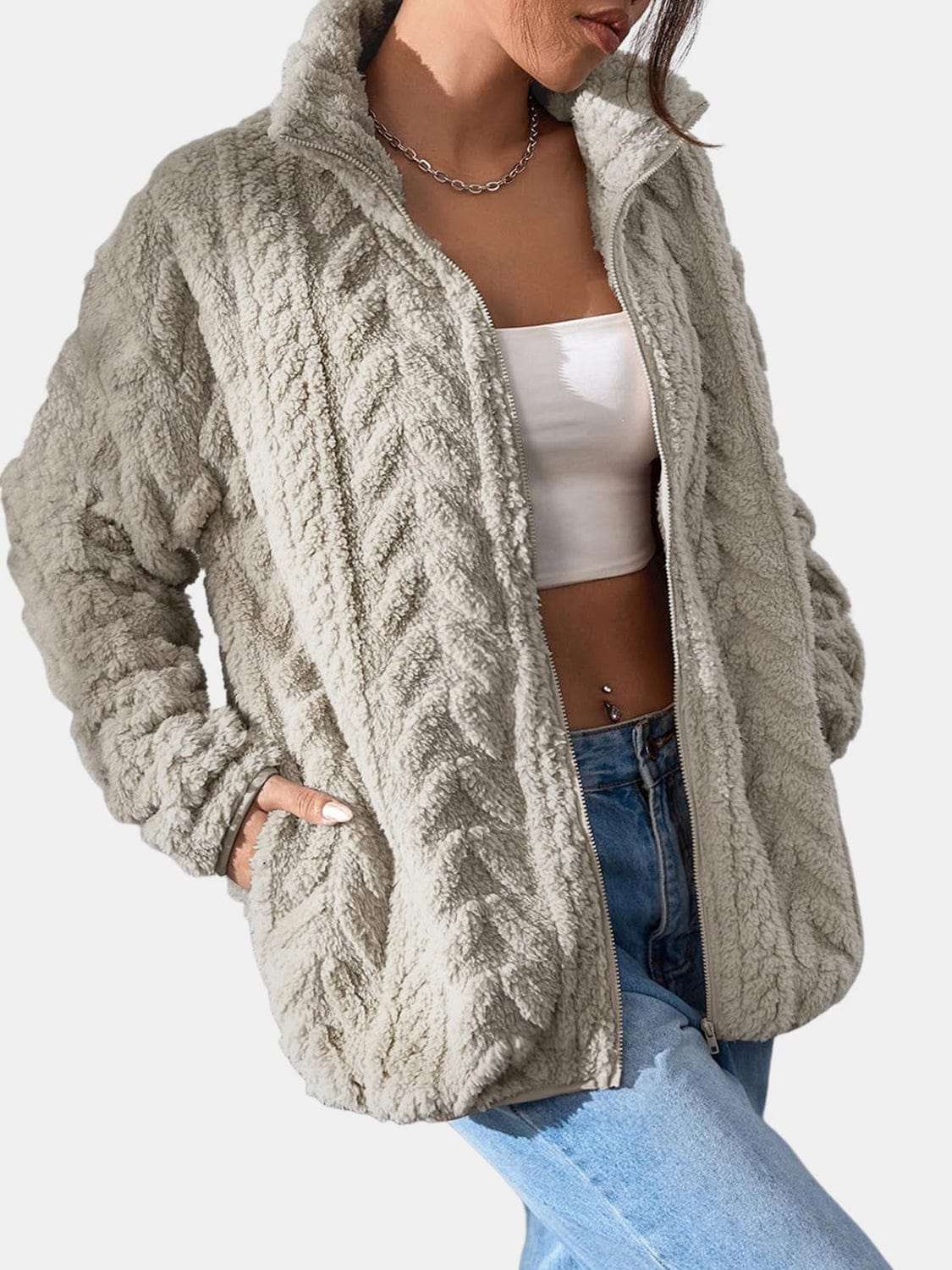 Fuzzy Zip Up Long Sleeve Jacket - Trendsi