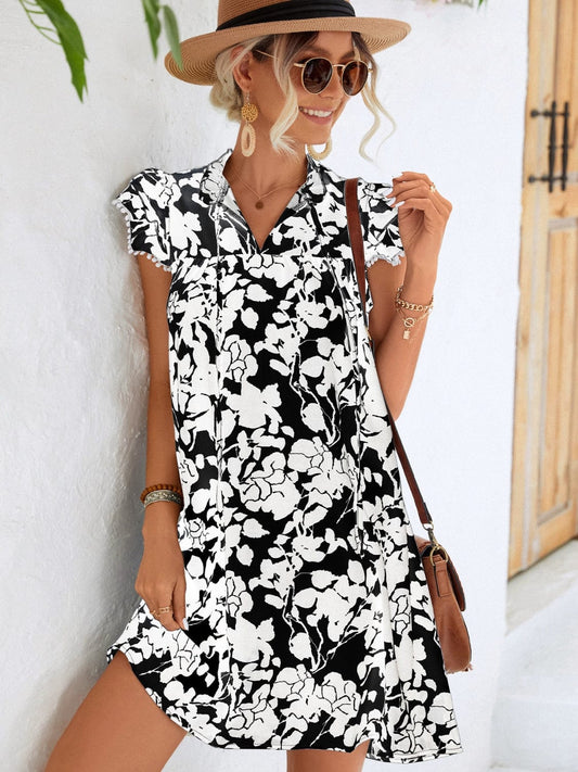 Floral Tie Neck Butterfly Sleeve Dress - Trendsi