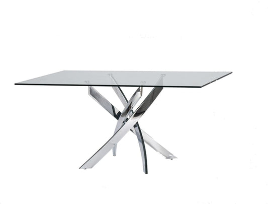 63" Clear And Silver Glass And Stainless Steel Pedestal Base Dining Table - Homeroots