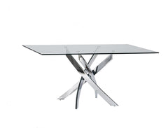 63" Clear And Silver Glass And Stainless Steel Pedestal Base Dining Table - Homeroots