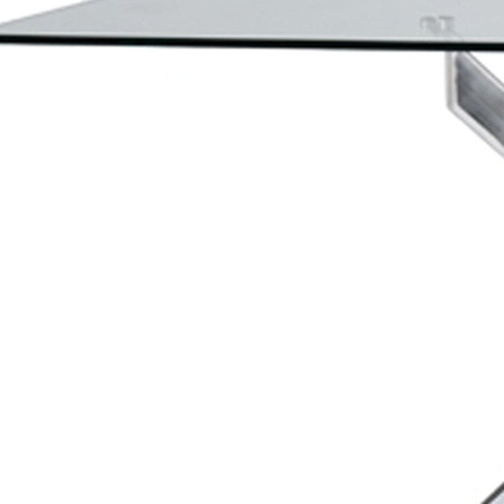 63" Clear And Silver Glass And Stainless Steel Pedestal Base Dining Table - Homeroots