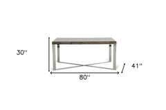 80" Clear And Silver Solid Wood And Stainless Steel Trestle Base Dining Table - Homeroots