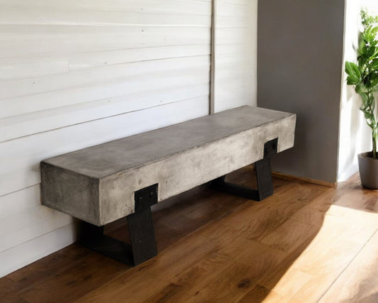 75" Gray and Black Metal and Concrete Indoor Outdoor Bench