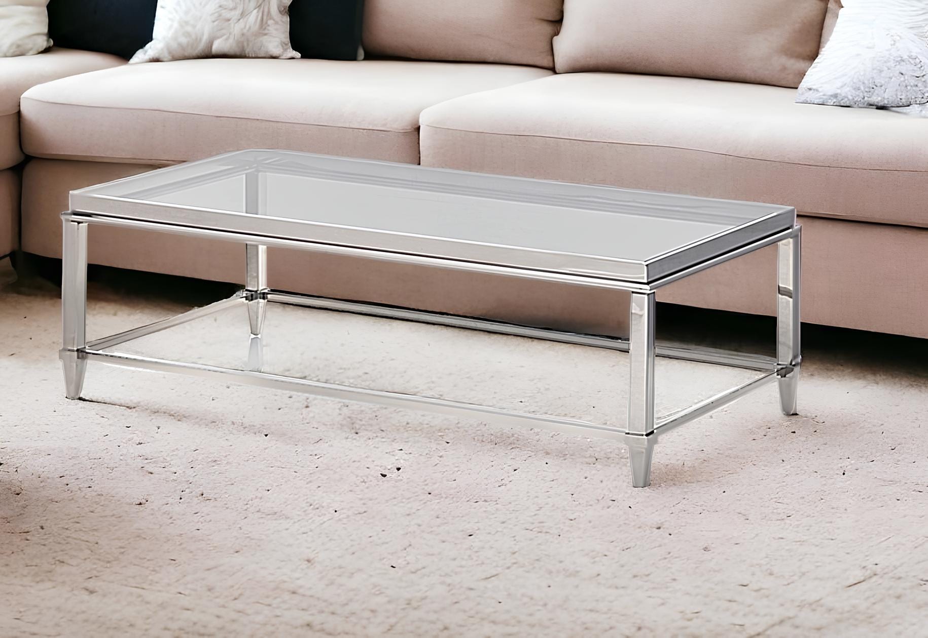 55" Clear And Silver Glass And Steel Coffee Table - Homeroots