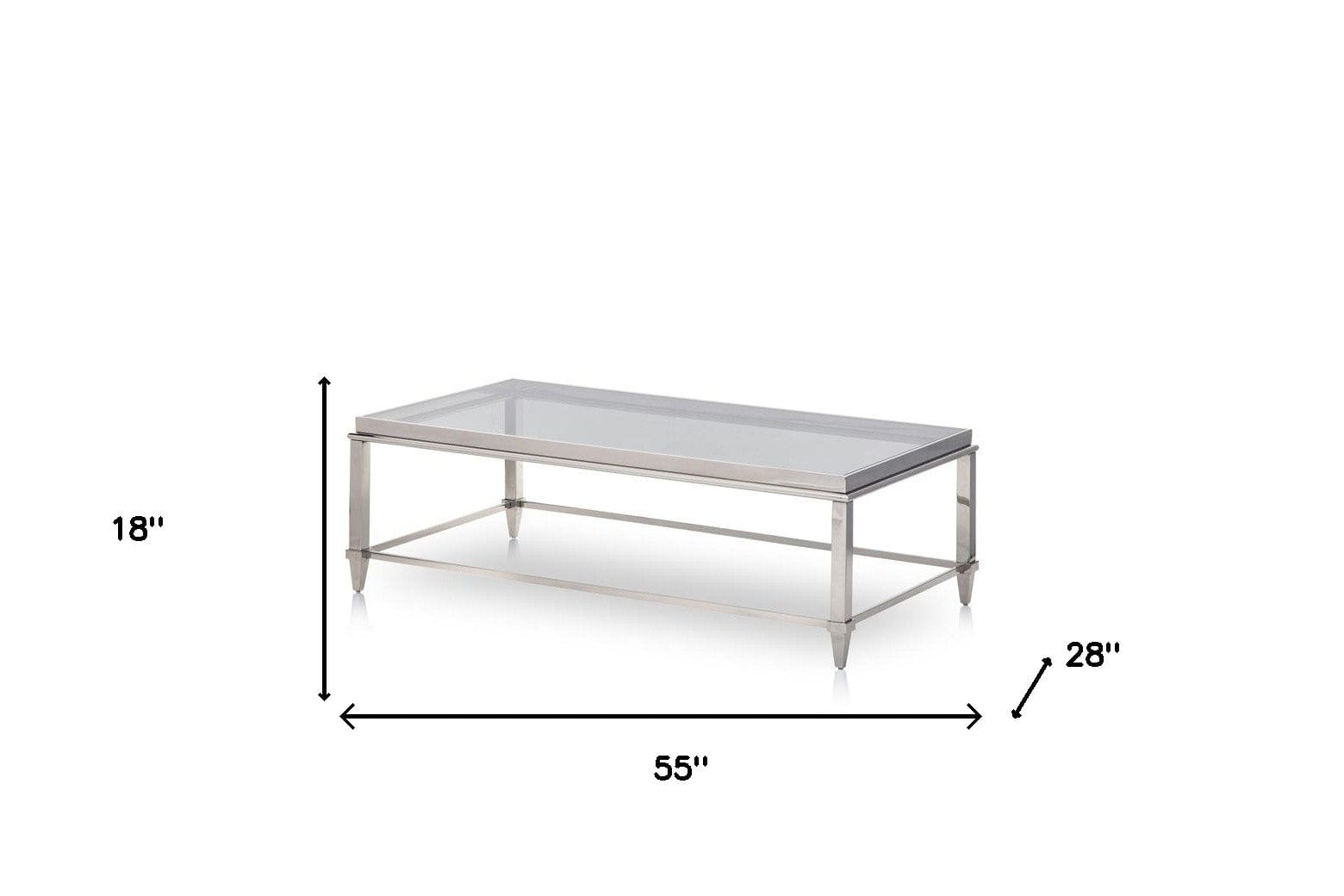 55" Clear And Silver Glass And Steel Coffee Table - Homeroots