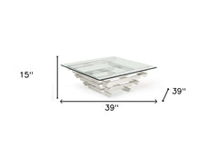 39" Clear And Silver Glass And Stainless Steel Square Coffee Table With Shelf