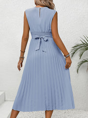 Pleated Round Neck Cap Sleeve Dress - Trendsi