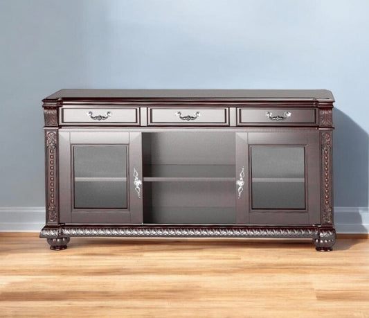 65" Dark Brown Wood Cabinet Enclosed Storage TV Stand - Homeroots