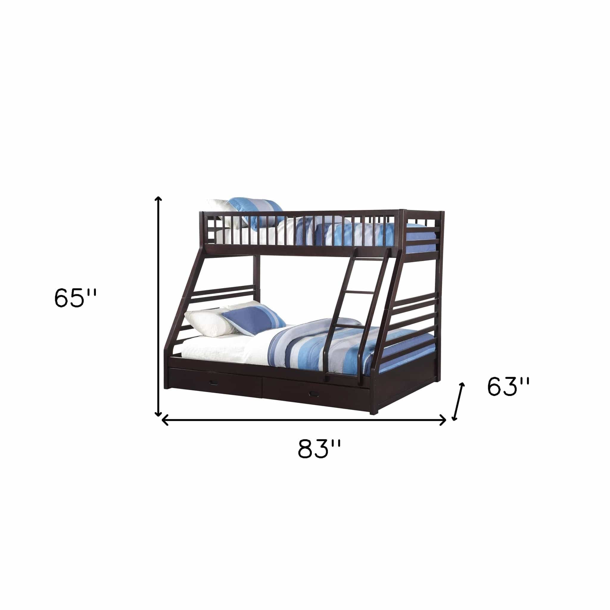 83" X 63" X 65" Espresso Pine Wood Twin Xl Over Queen Bunk Bed - Homeroots