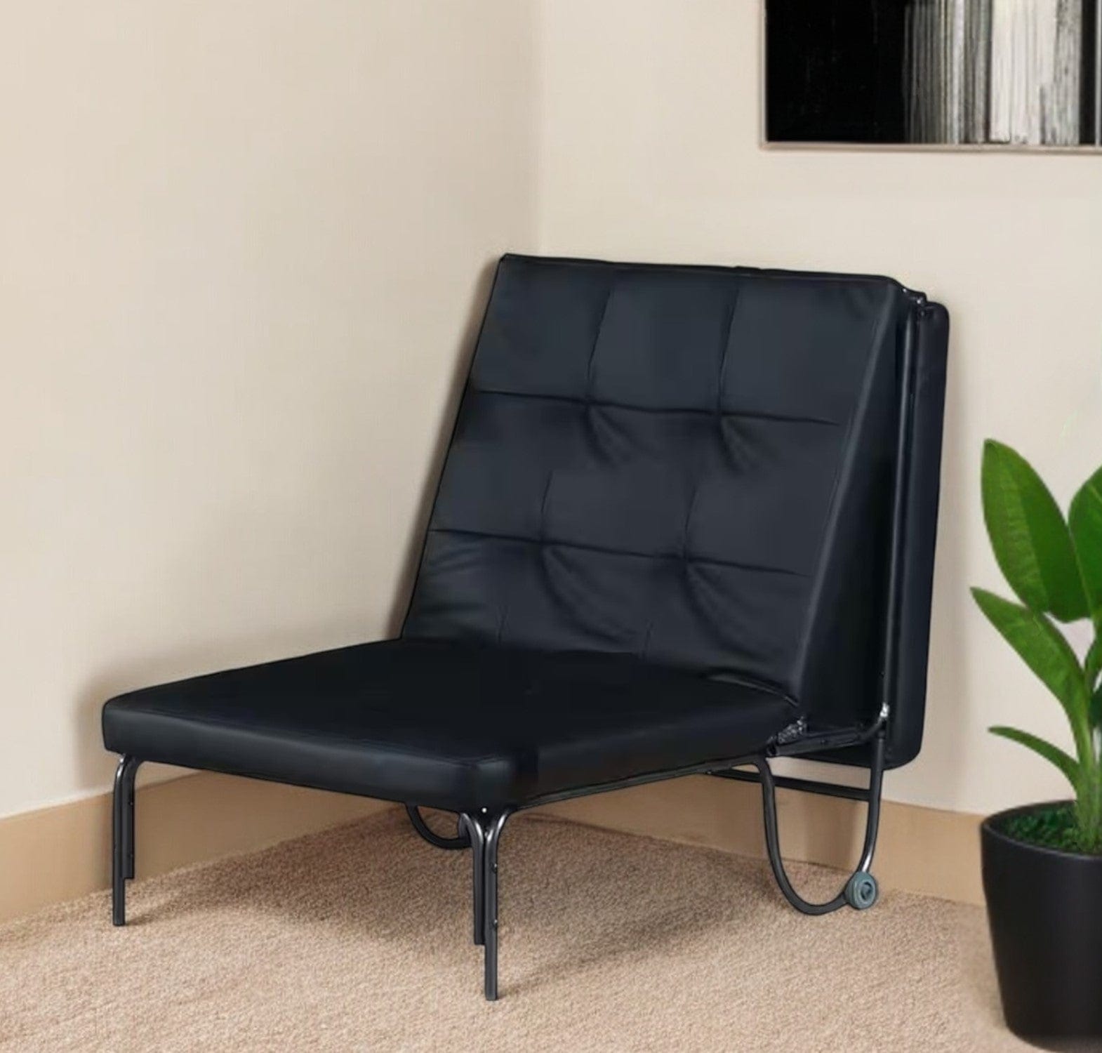 75" Black Faux Leather Tufted Convertible Chair - Homeroots