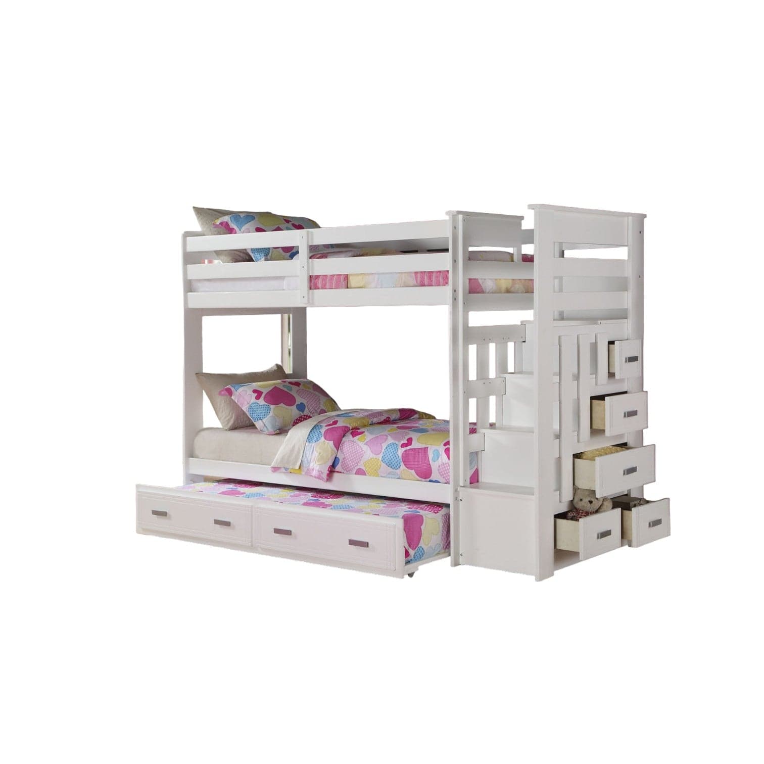 97" X 43" X 68" Twin Over Twin White Storage Ladder And Trundle  Bunk Bed