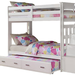 97" X 43" X 68" Twin Over Twin White Storage Ladder And Trundle  Bunk Bed