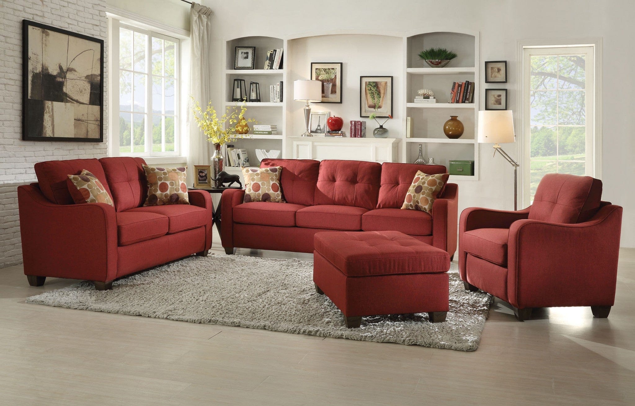 34" Red And Brown Linen Arm Chair