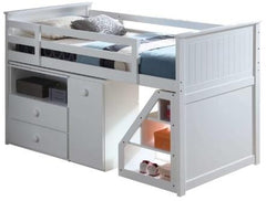 Cama alta blanca de 79" x 42" x 47" con cómoda y escritorio giratorio tipo escalera