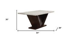 64" White And Dark Brown Marble And Solid Manufactured Wood Pedestal Base Dining Table - Homeroots