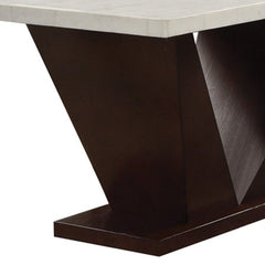 64" White And Dark Brown Marble And Solid Manufactured Wood Pedestal Base Dining Table - Homeroots