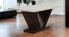 64" White And Dark Brown Marble And Solid Manufactured Wood Pedestal Base Dining Table - Homeroots