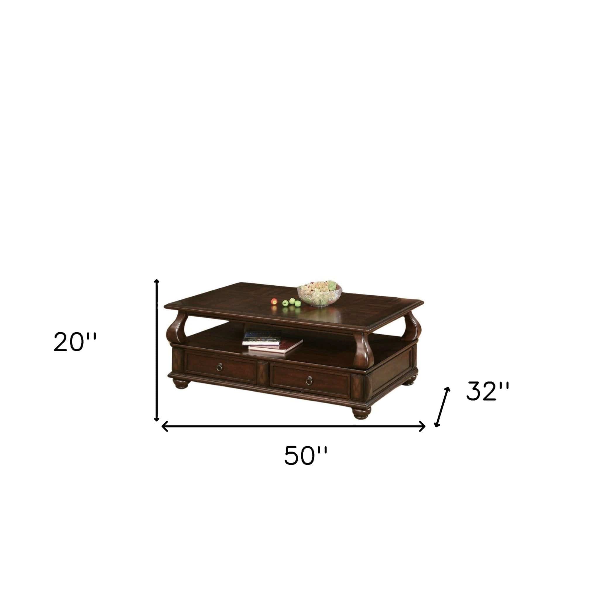 50" Dark Brown Solid Wood Coffee Table With Two Drawers And Shelf - Homeroots