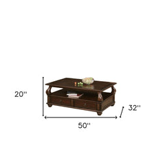 50" Dark Brown Solid Wood Coffee Table With Two Drawers And Shelf - Homeroots