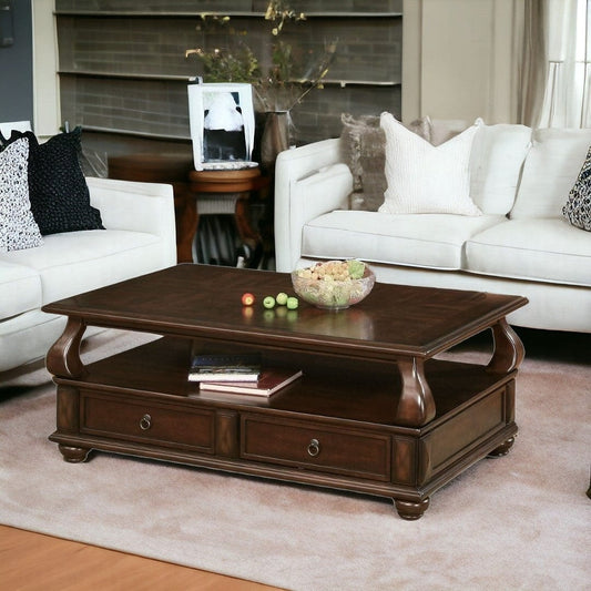 50" Dark Brown Solid Wood Coffee Table With Two Drawers And Shelf - Homeroots