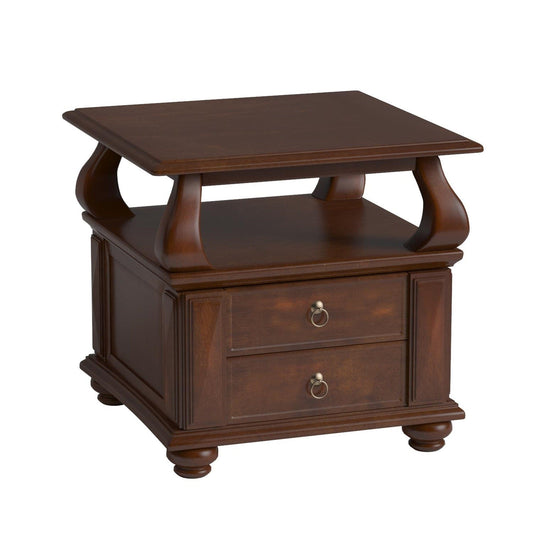 26" Brown Solid Wood Square End Table With Two Drawers And Shelf