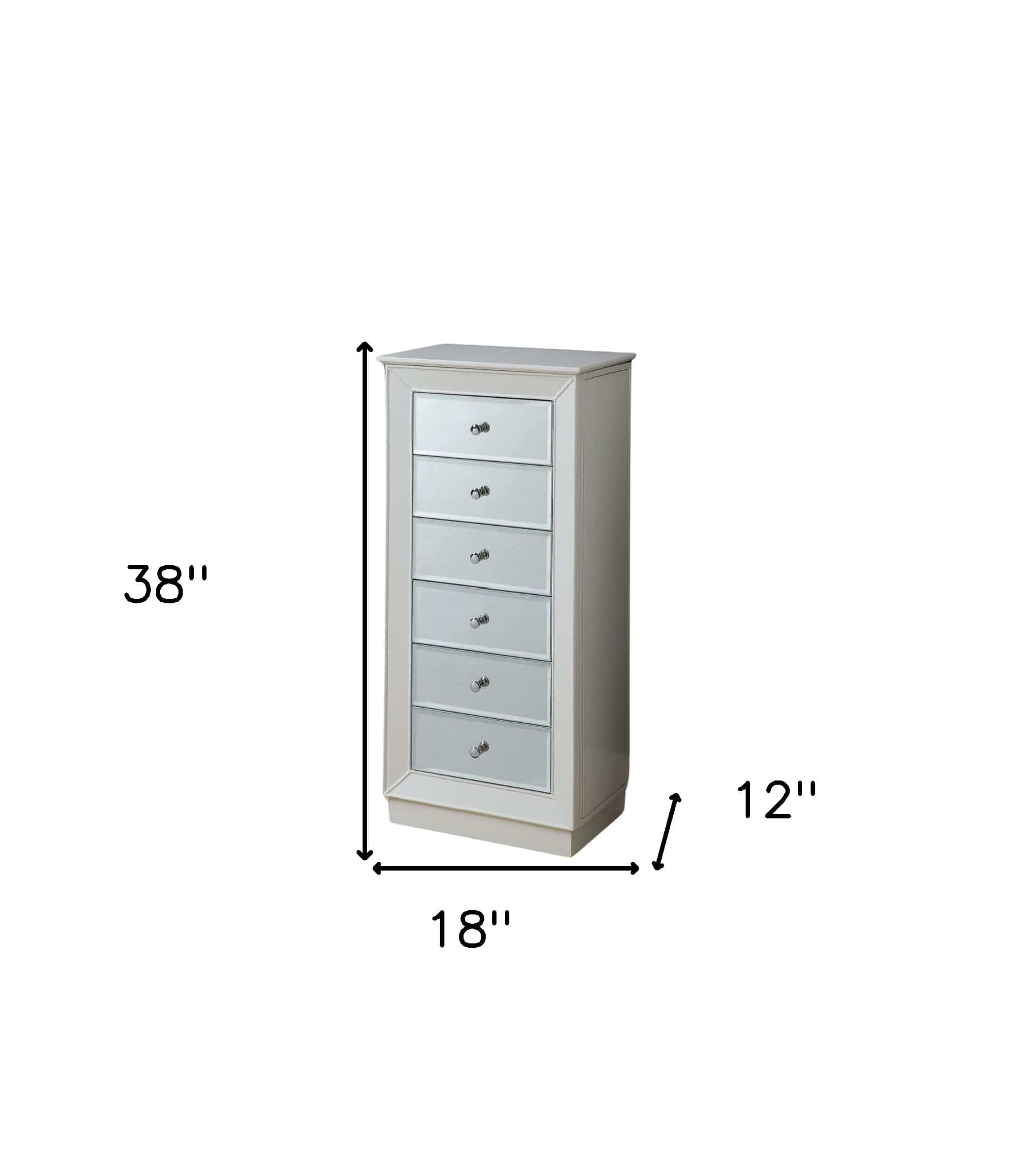 38" White Six Drawer Wood and Mirrored Glass Jewelry Armoire