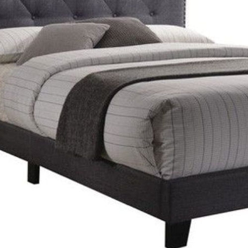 Queen Tufted Gray Upholstered Linen Bed With Nailhead Trim - Homeroots