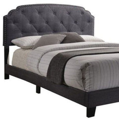 Queen Tufted Gray Upholstered Linen Bed With Nailhead Trim - Homeroots