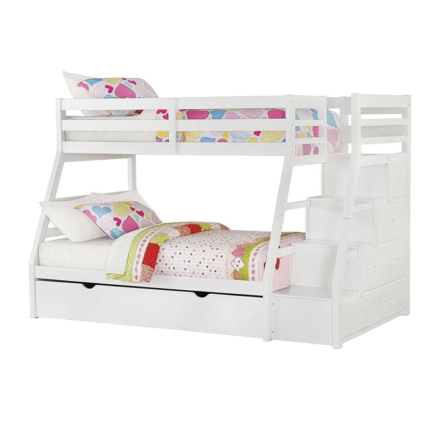 95" X 56" X 65" Twin Over Full White Storage Ladder And Trundle Bunk Bed