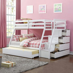 95" X 56" X 65" Twin Over Full White Storage Ladder And Trundle Bunk Bed