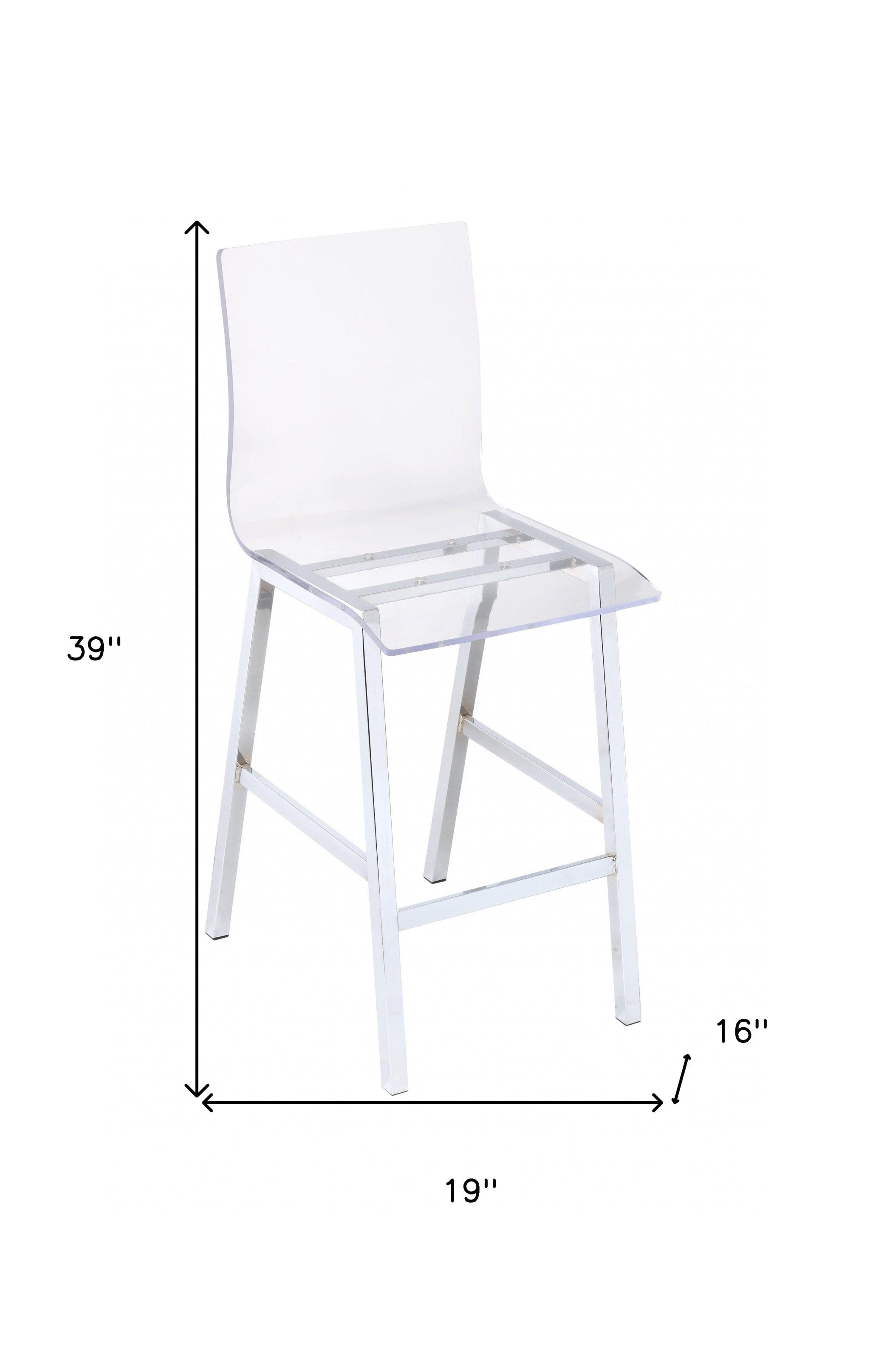 39" Clear And Silver Acrylic And Metal Counter Height Bar Chair