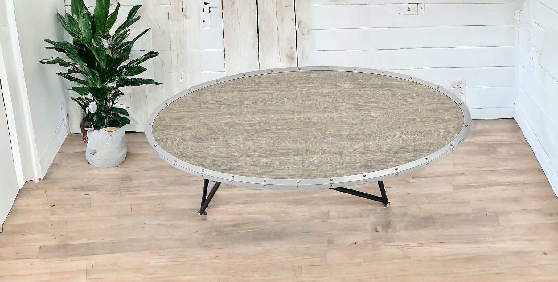 46" Natural And Black Iron Round Coffee Table