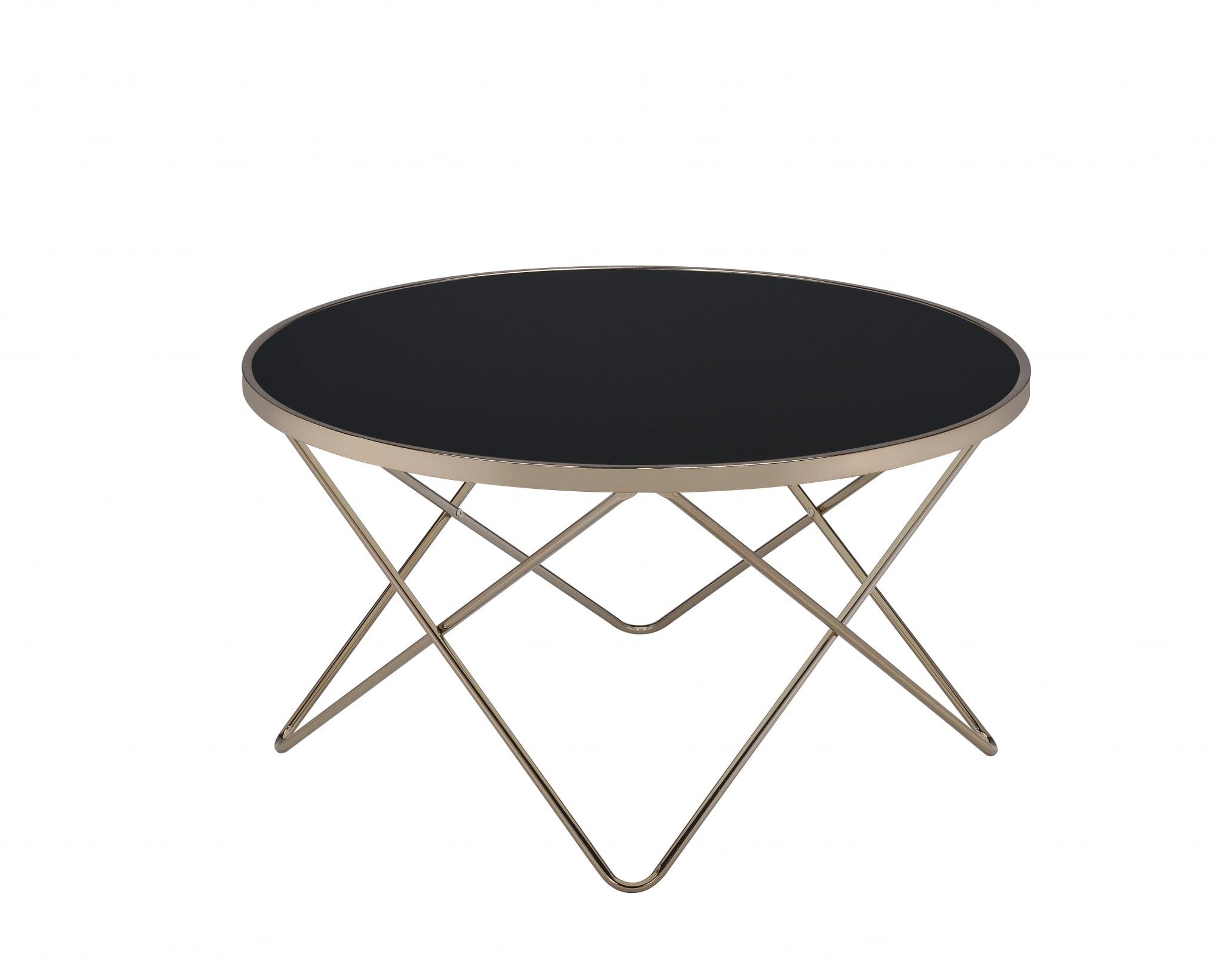 34" Black And Gold Glass And Iron Round Coffee Table