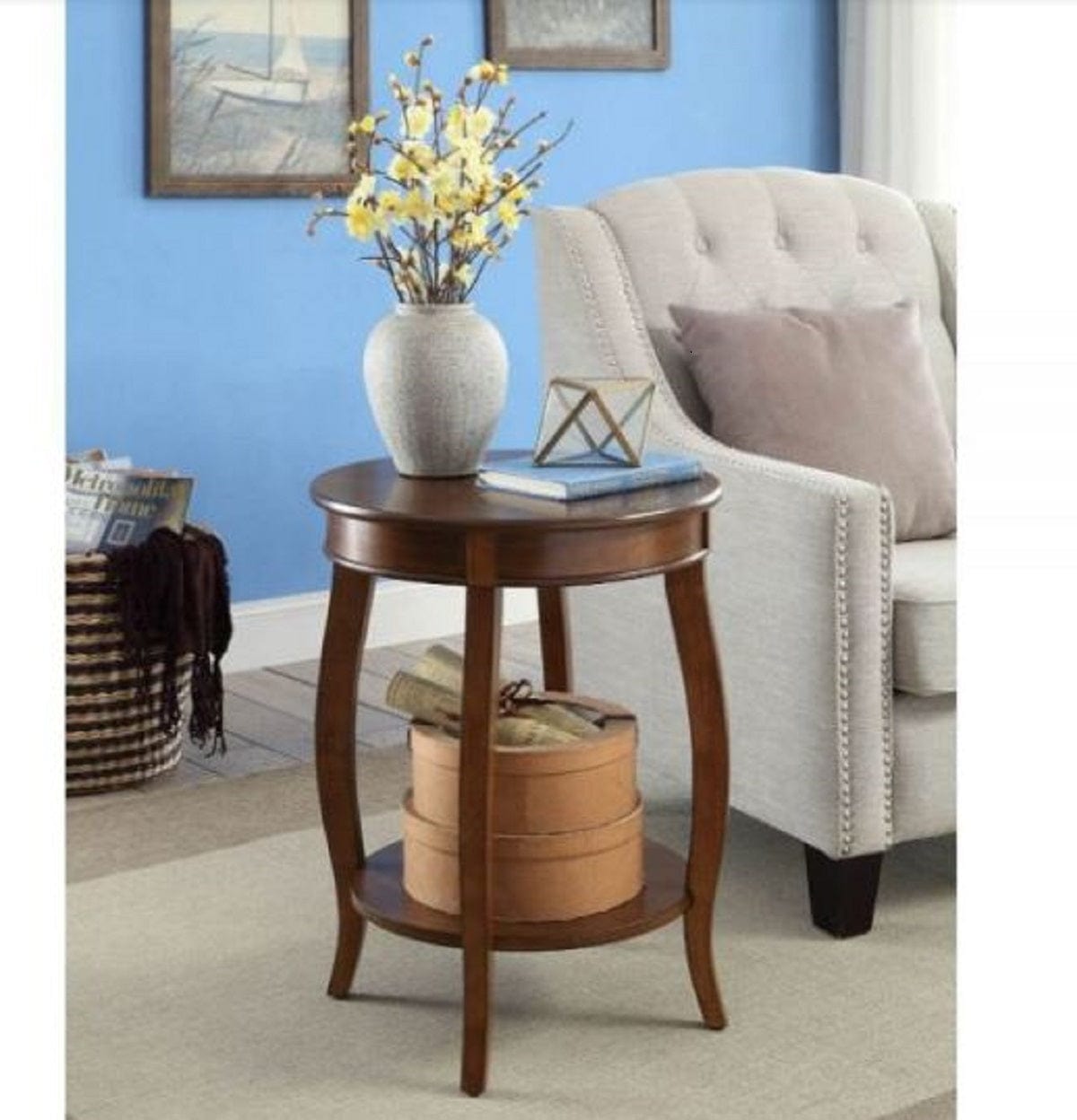 24" Brown Solid Wood Round End Table With Shelf