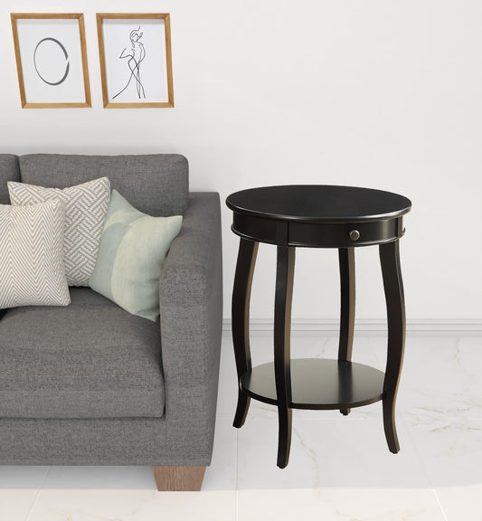 24" Blakc And Black Solid Wood Round End Table With Shelf