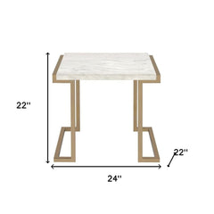 24" Gold And White Faux Marble And Stainless Steel End Table