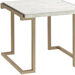 24" Gold And White Faux Marble And Stainless Steel End Table