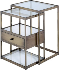 Set of Two 26" Brass And Clear Glass And Iron End Table With Drawer And Two Shelves With Magazine Holder