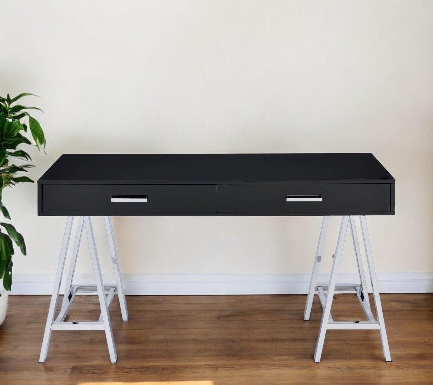 54" Black and Silver Writing Desk With Two Drawers - Homeroots