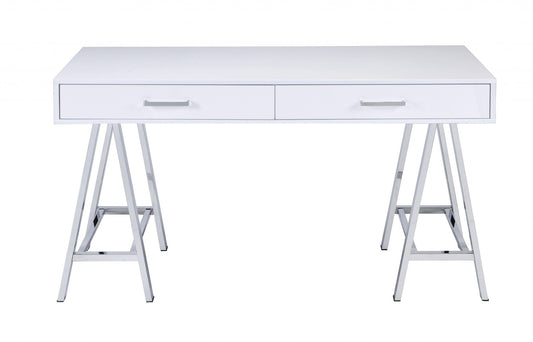 54" White and Silver Writing Desk With Two Drawers - Homeroots