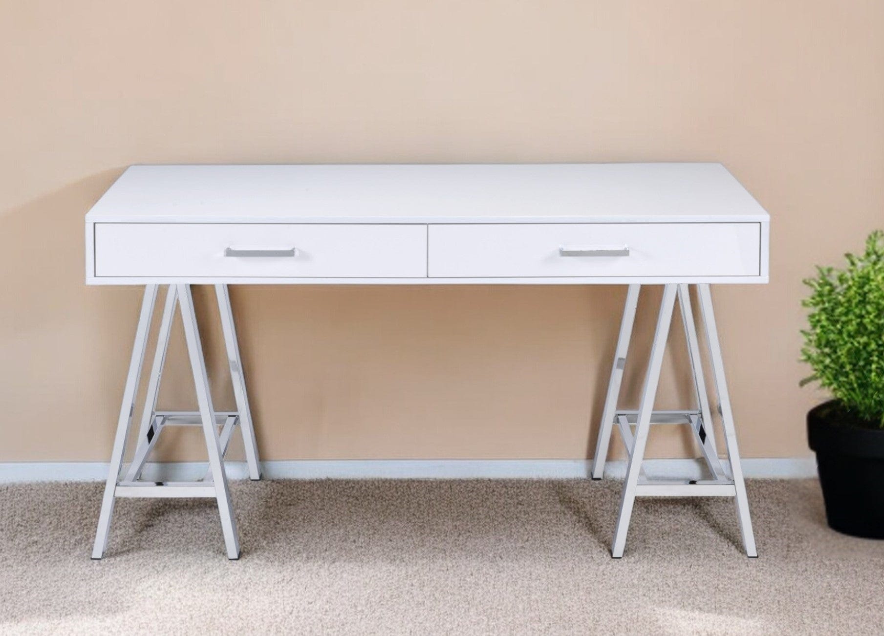 54" White and Silver Writing Desk With Two Drawers - Homeroots