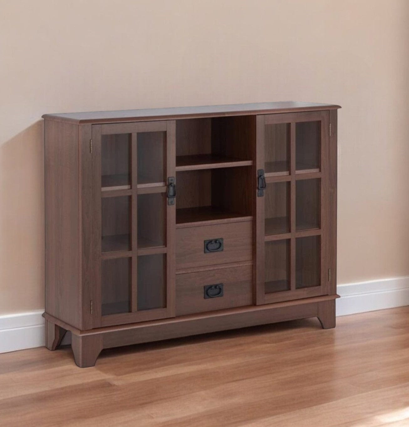 42" Walnut Two Drawer Sideboard with Glass Doors