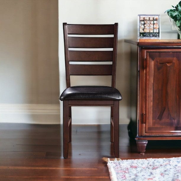 Set of Two Black And Brown Upholstered Faux Leather Ladder Back Dining Side Chairs