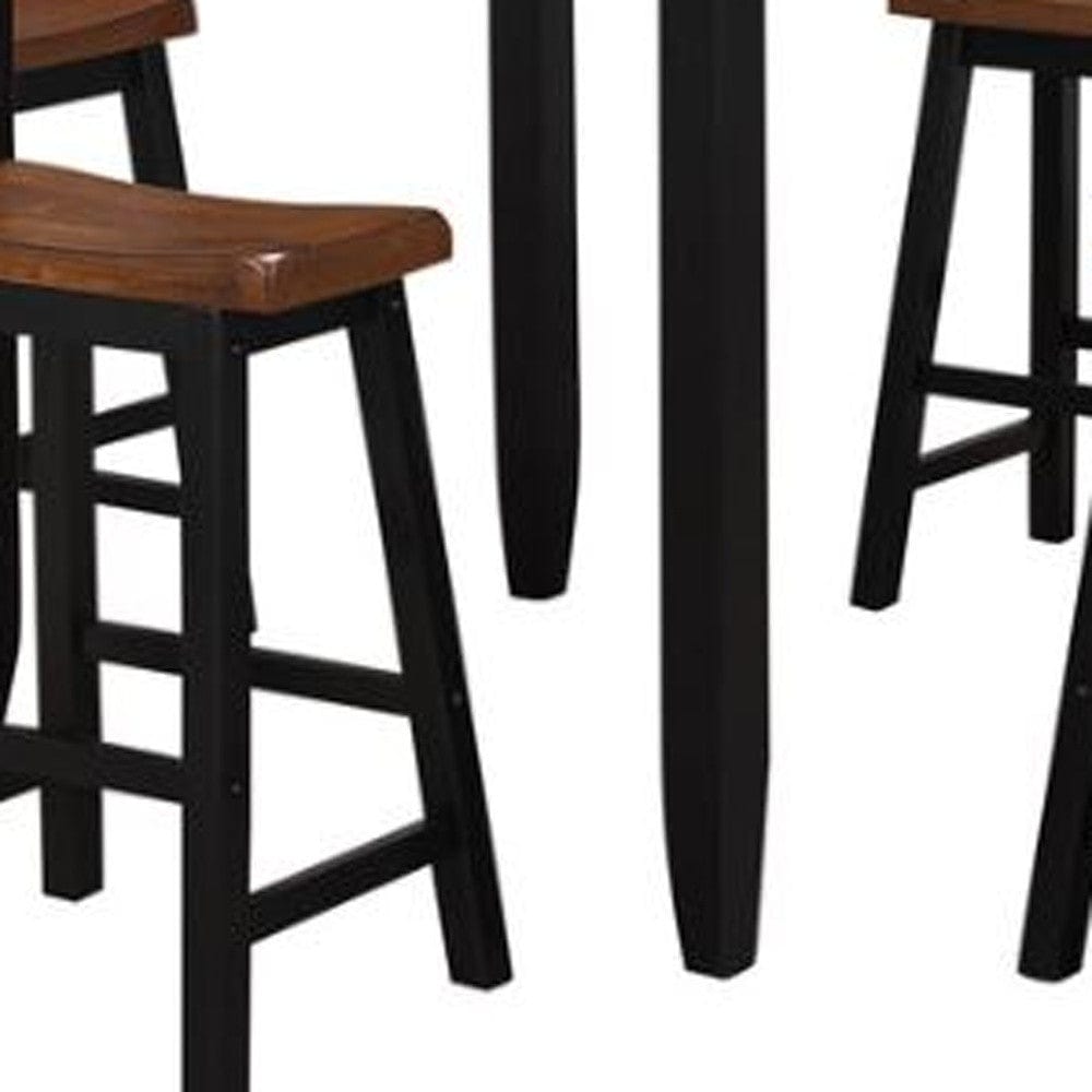 Five Piece Oak and Black Square Solid Wood Dining Set with Four Chairs